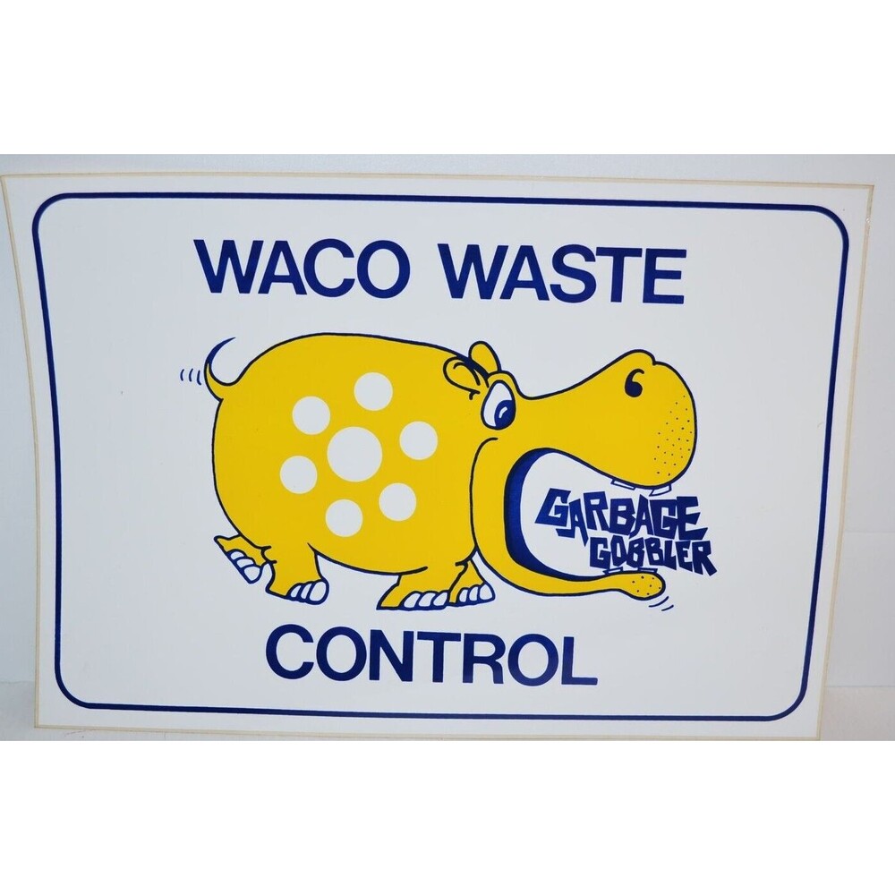 Vtg Advertising‎ decal Waco Tx Waste Control Hippo Garbage Gobbler sign sticker